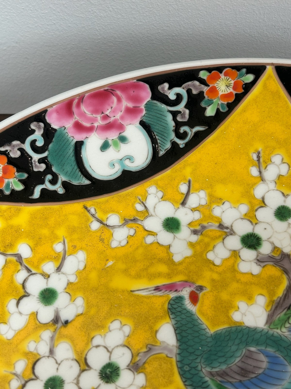 Antique Chinese Famille Noire Charger Peacocks Peonies Birds2