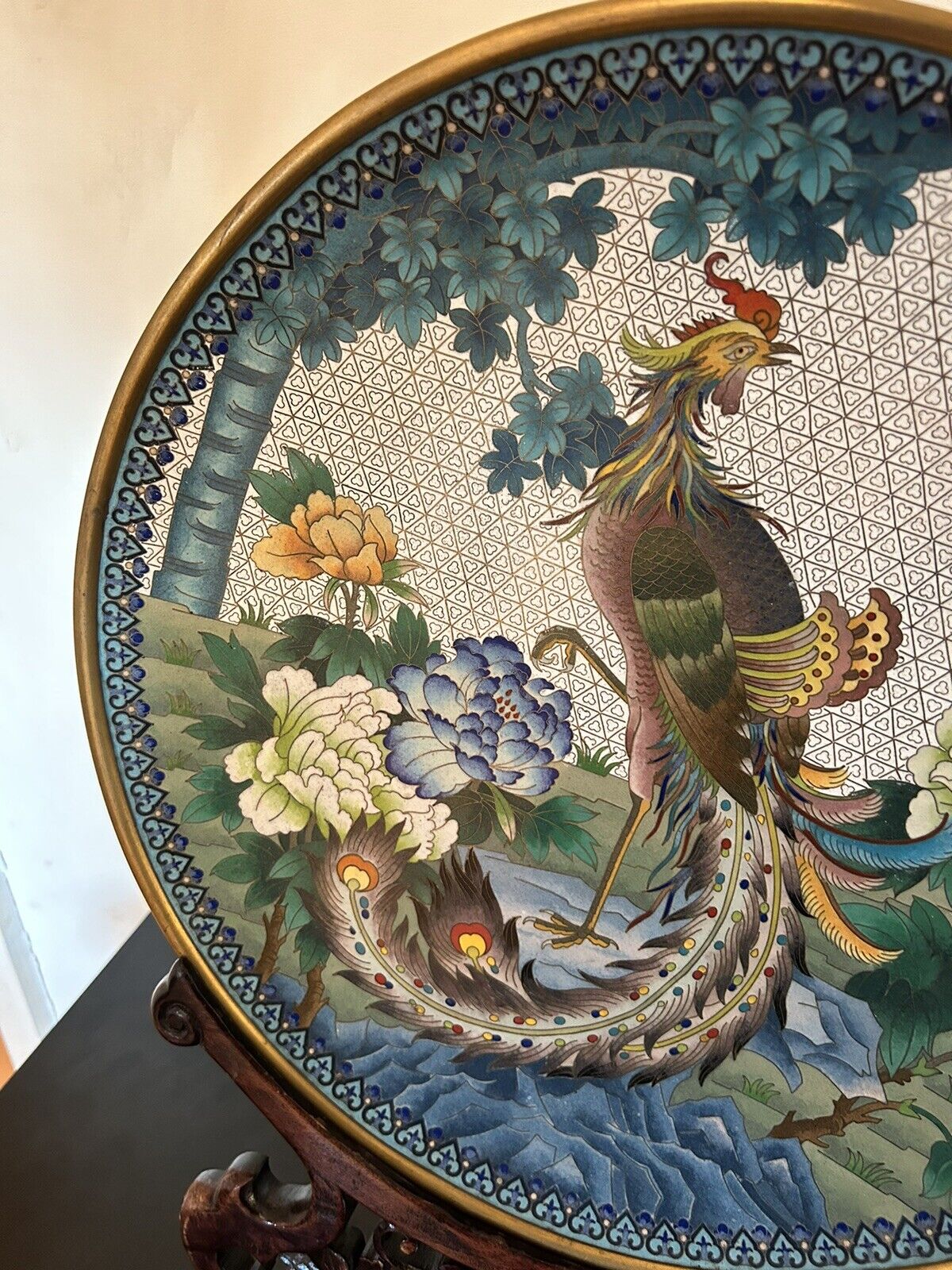 20th Century Chinese Cloisonné Charger Peacock With Wooden Stand