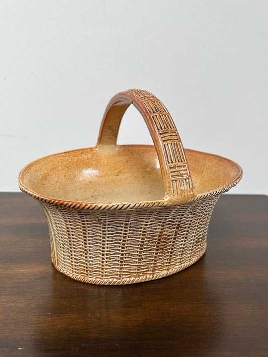 Antique Stoneware Basket Sugar Bowl Reeded Loop Handle Georgian 19thC0