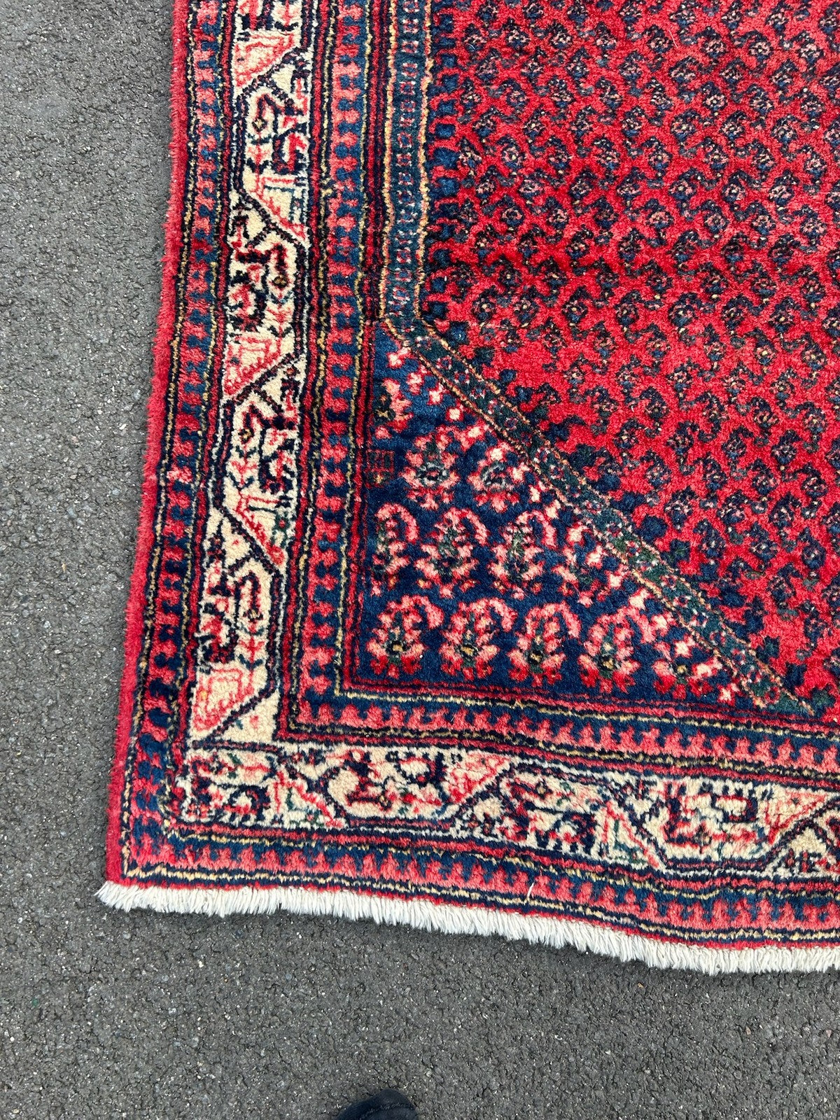 Antique Oriental Hand Knotted Boteh Mir Wool Rug Red Indigo NTC Label 212x135cm3