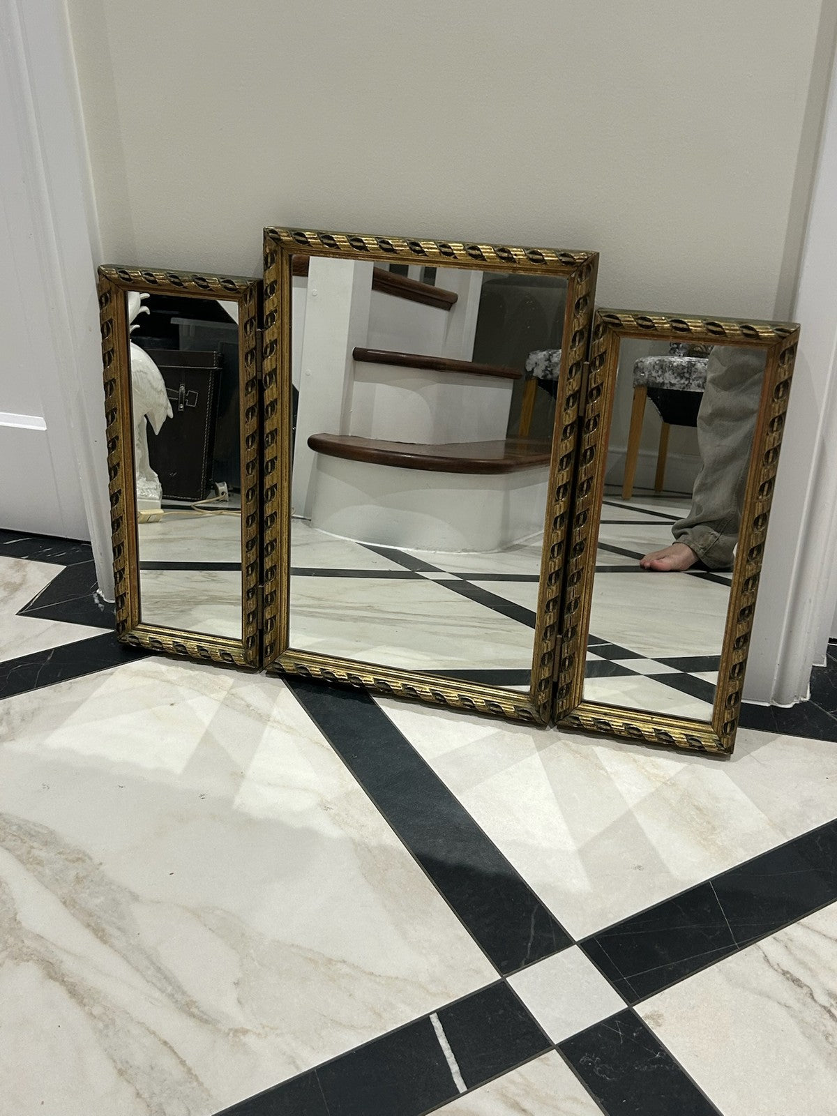 Antique Three Piece Dressing Table Mirror Gold Frame Vintage Vanity 49x70cm1