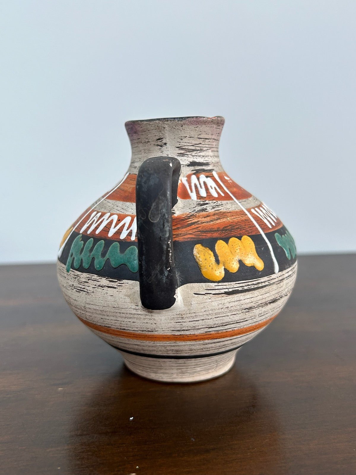Folk Studio Pottery Globular Handled Vases Geometric A/F Chip3