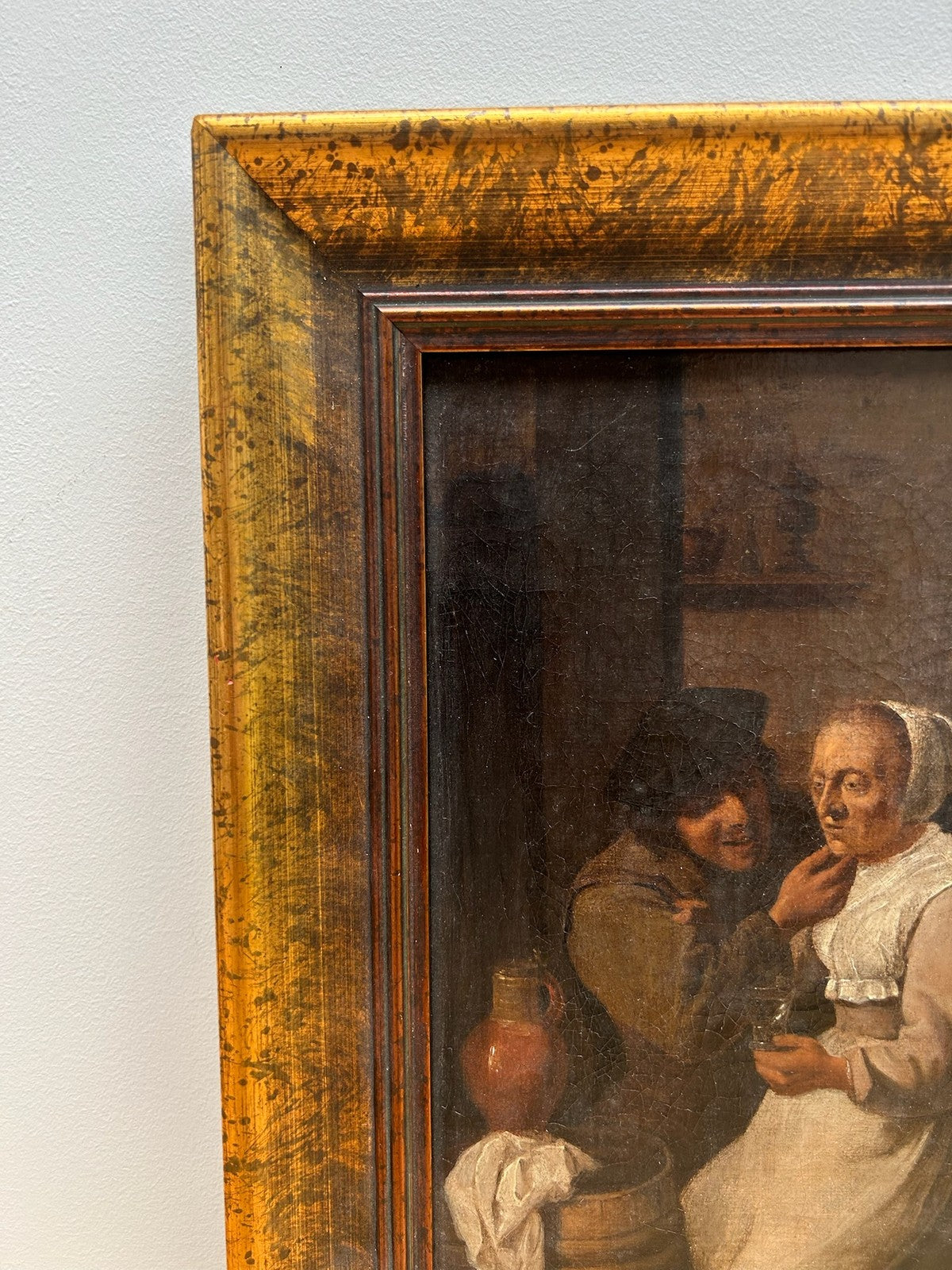Antique Oil Painting Dutch Flemish School Tavern Scene Manner of Teniers Framed11