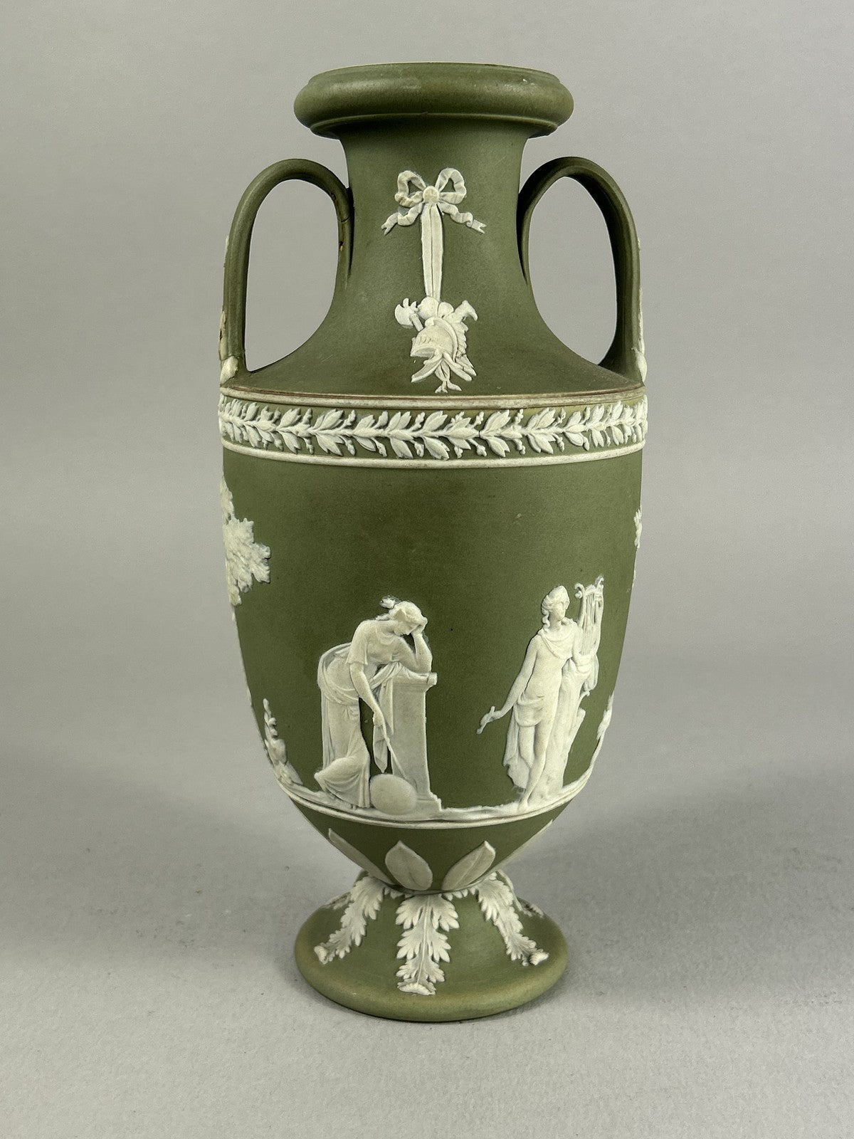 Antique Wedgwood Green Jasperware Trophy Vase with Classical Figures