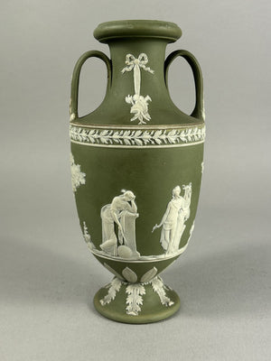 Antique Wedgwood Green Jasperware Trophy Vase with Classical Figures