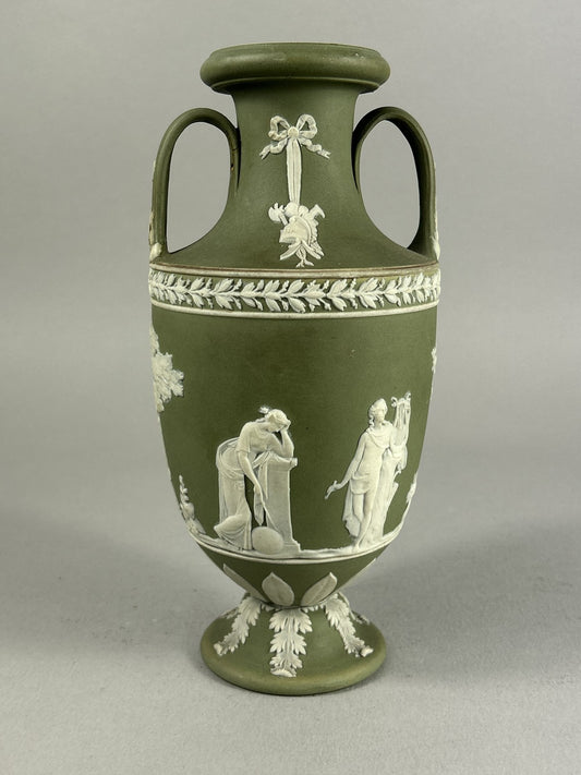 Antique Wedgwood Green Jasperware Trophy Vase with Classical Figures