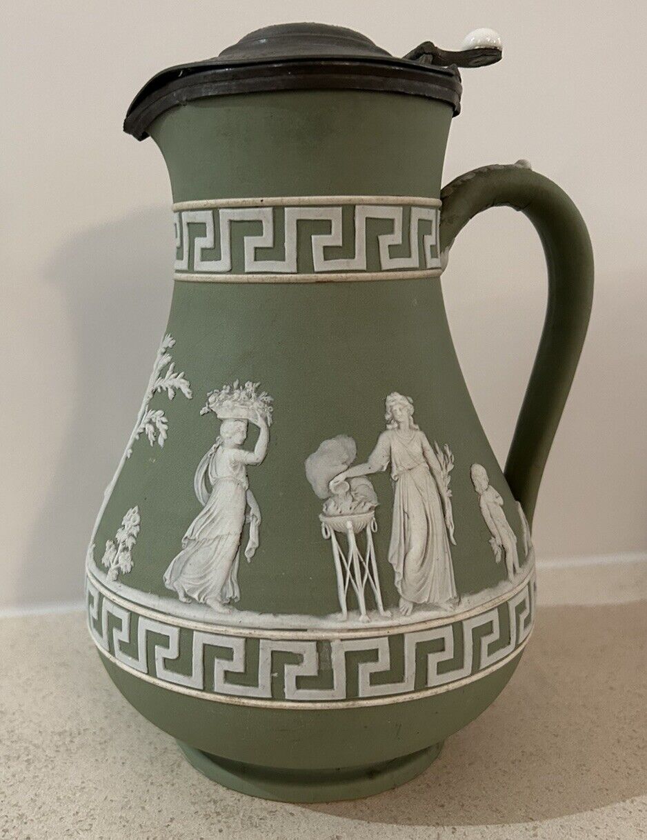 Wedgwood Pewter Lid Greek Key Green Milk Pitcher Jug