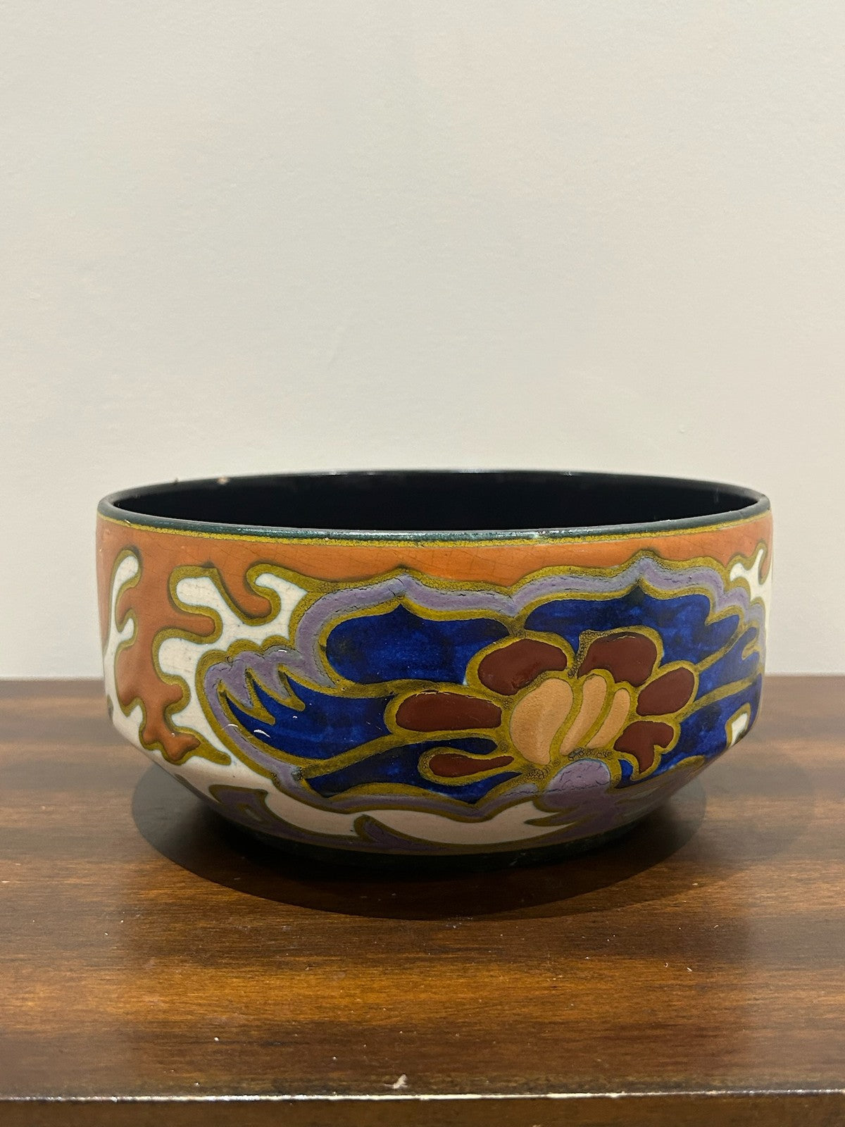 Gouda Holland Art Deco Pottery Bowl Hand Painted Floral0