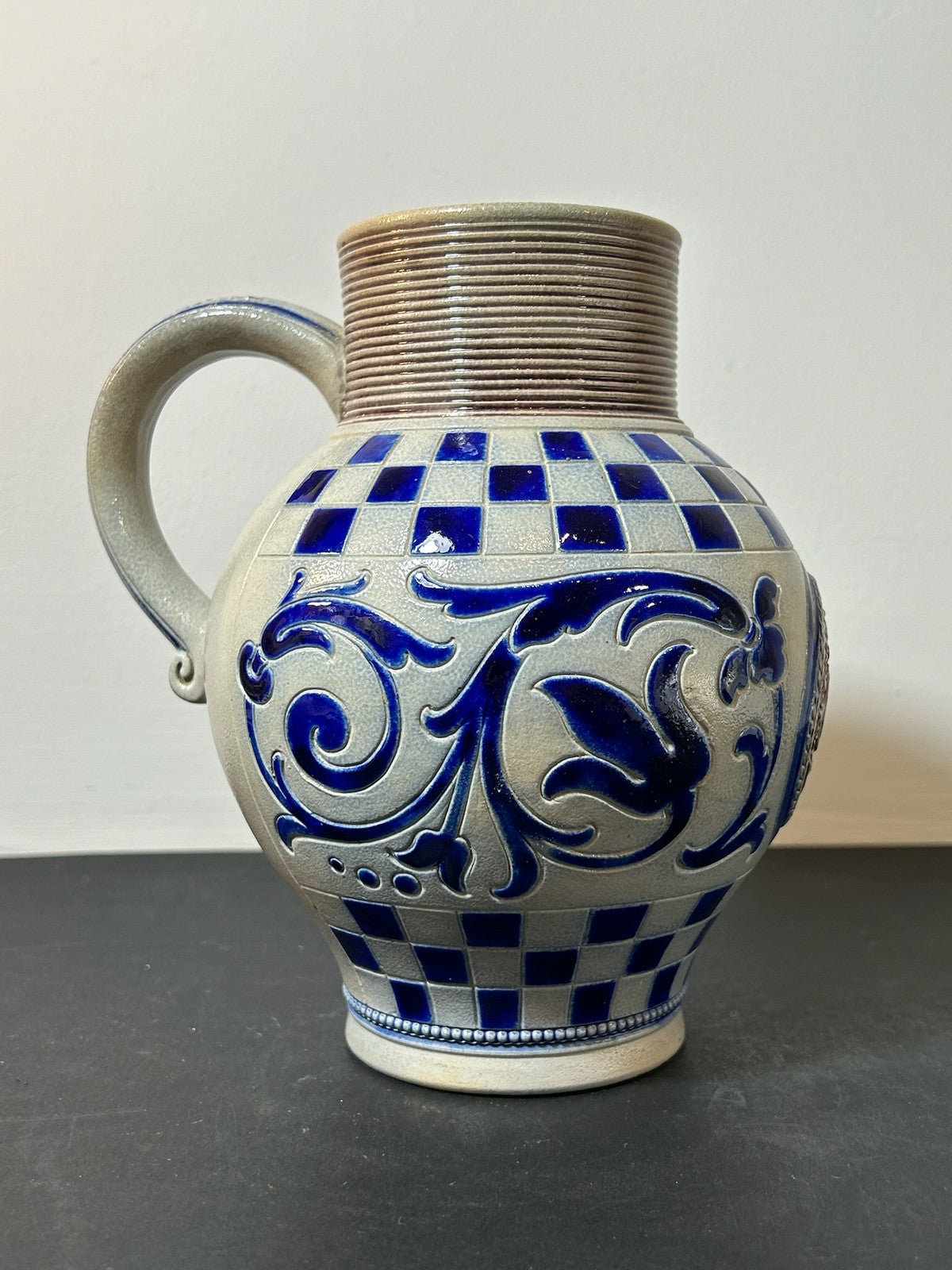 Westerwald Style Salt Glaze Stoneware Jug GR Medallion Cobalt Chequer 19cm1