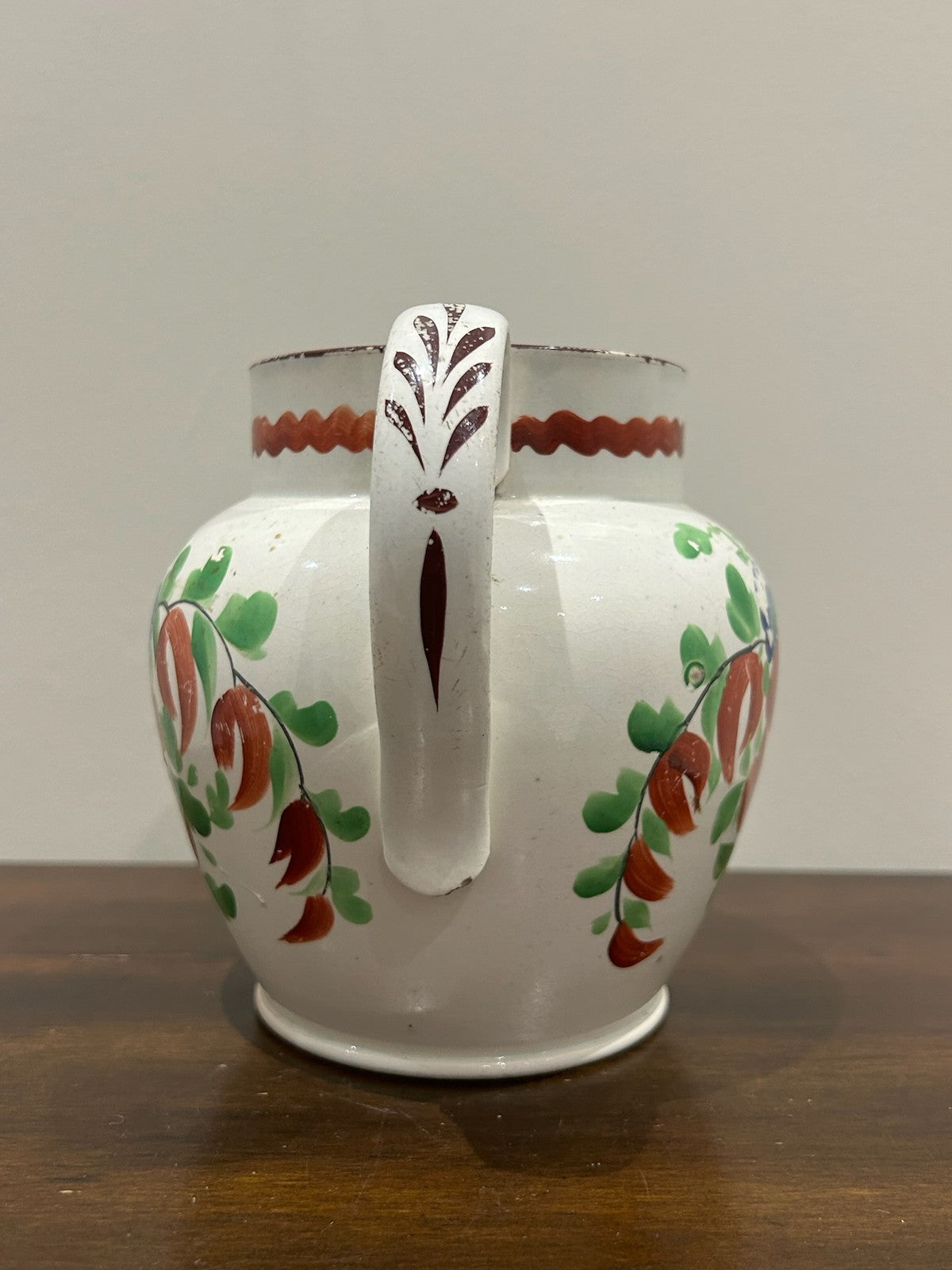 Georgian Pearlware Jug Hand Painted Enamel Red Roses Brown Rim c.18201
