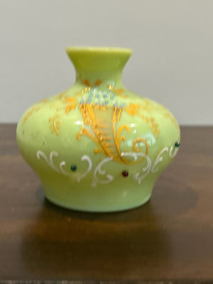 Antique Bohemian Green Opaline Glass Vase Raised Gilt Enamel Cornucopia Jewelled