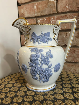 Antique Relief Moulded Jug Blue Sprigged Flowers Grapes Gilt Rim Victorian
