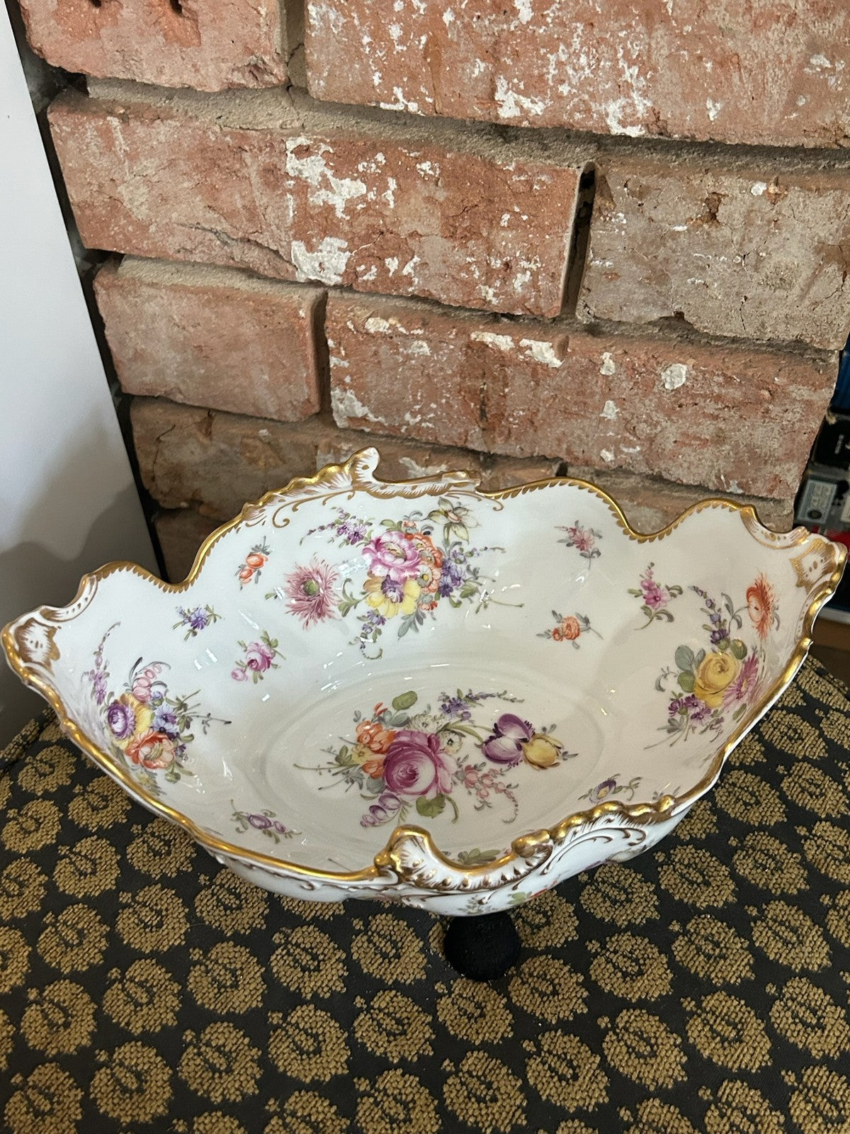 Dresden Porcelain Shaped Dish Hand Painted Flowers Gilt Scroll Rim Crown Mark9