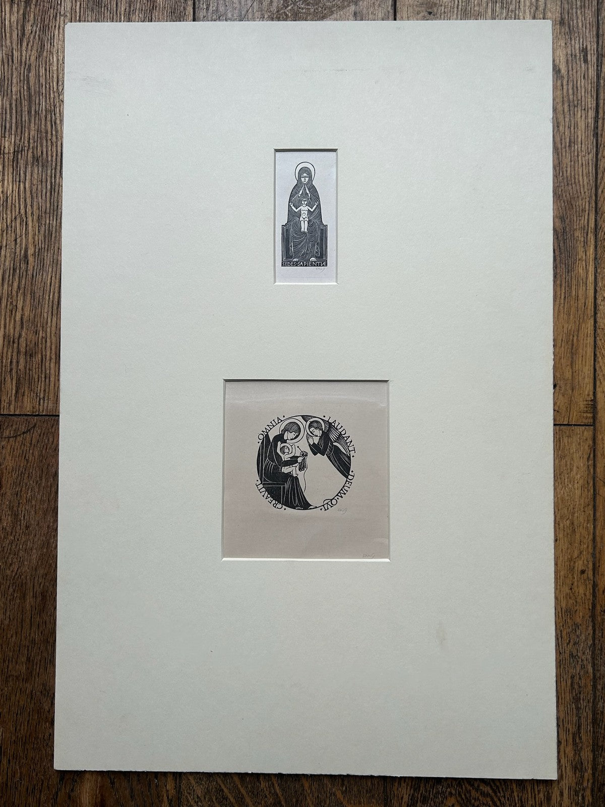 Eric Gill Signed Wood Engravings Virgin & Child Sedes Sapientiae Pair Mounted0