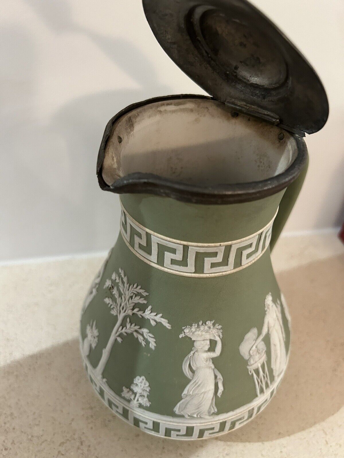 Wedgwood Pewter Lid Greek Key Green Milk Pitcher Jug