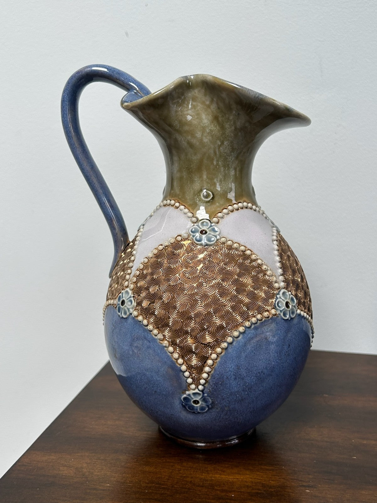 Pair Royal Doulton Stoneware Ewers Jugs Blue & Brown Beaded 22cm4