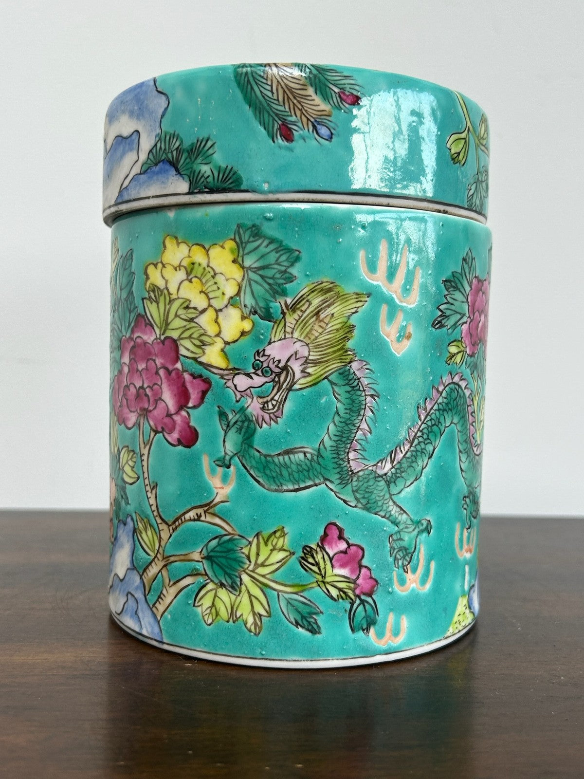 Chinese Famille Rose Green Ground Lidded Caddy Birds & Flowers 15cm6