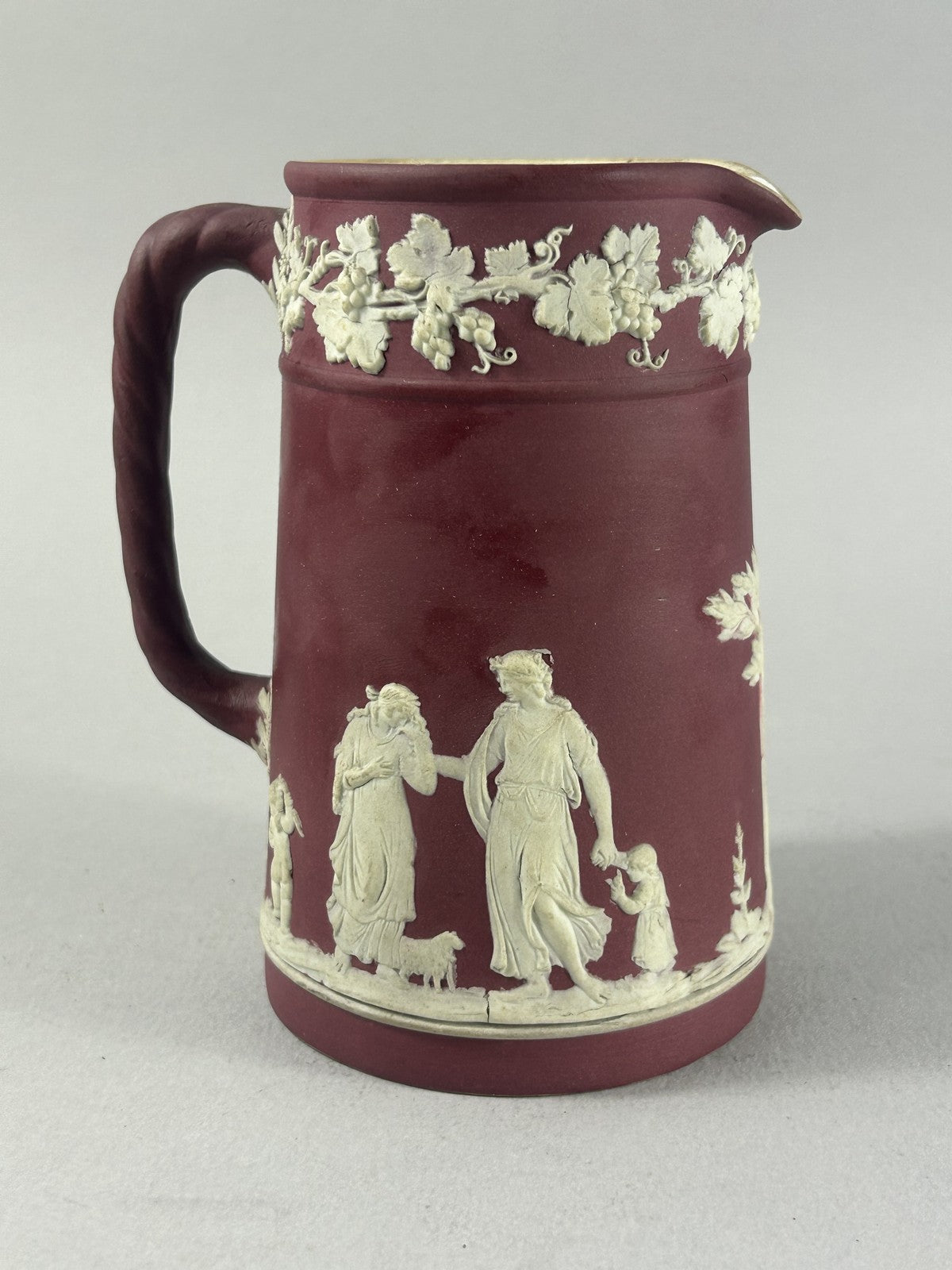 Antique Crimson Wedgwood Jasperware Classical Relief Pitcher 14cm