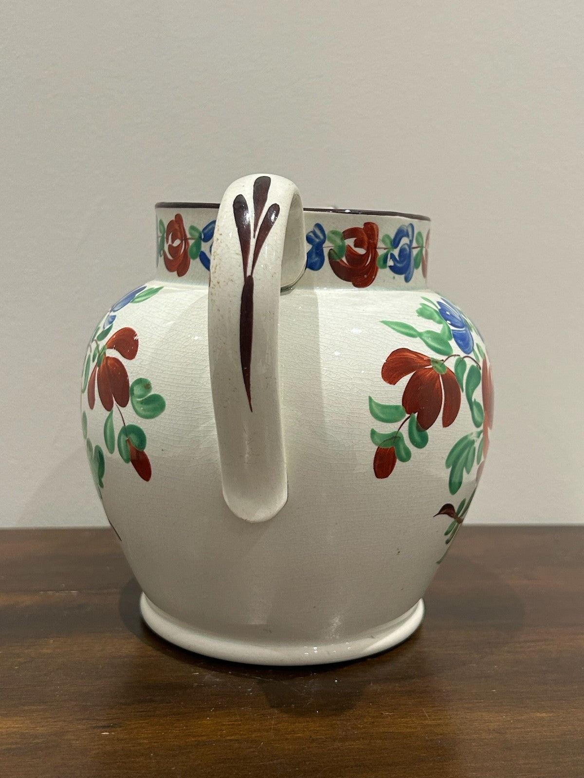Georgian Pearlware Jug Hand Painted Enamel Red Roses Blue Border c.18203