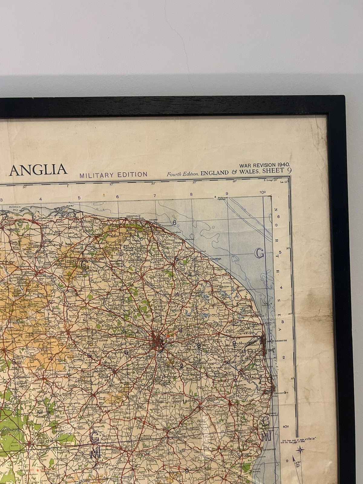 Vintage Quarter Inch Map East Anglia 1:253,440 Grid Reference Panel Framed3