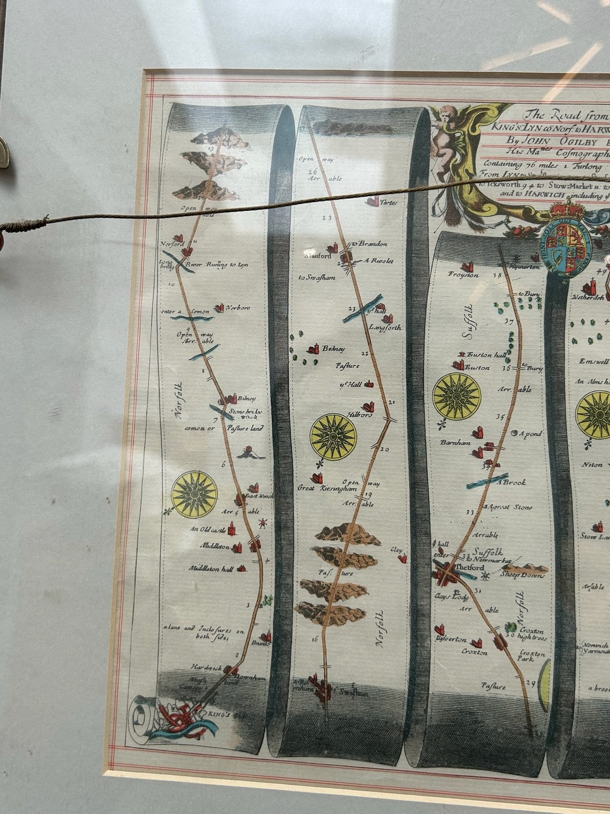 Pair John Ogilby Britannia Strip Road Maps Norfolk c1675 Hand Coloured Framed3
