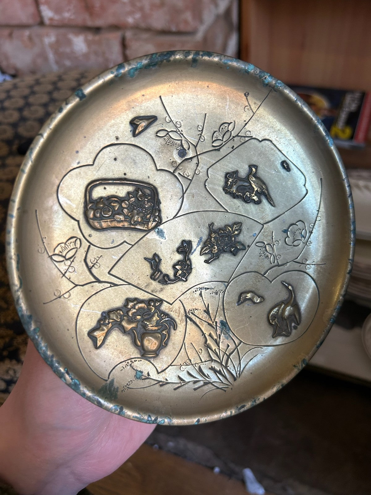 Japanese Brass Relief Dish Engraved Fan Panels Birds Flowers Plum Blossom2