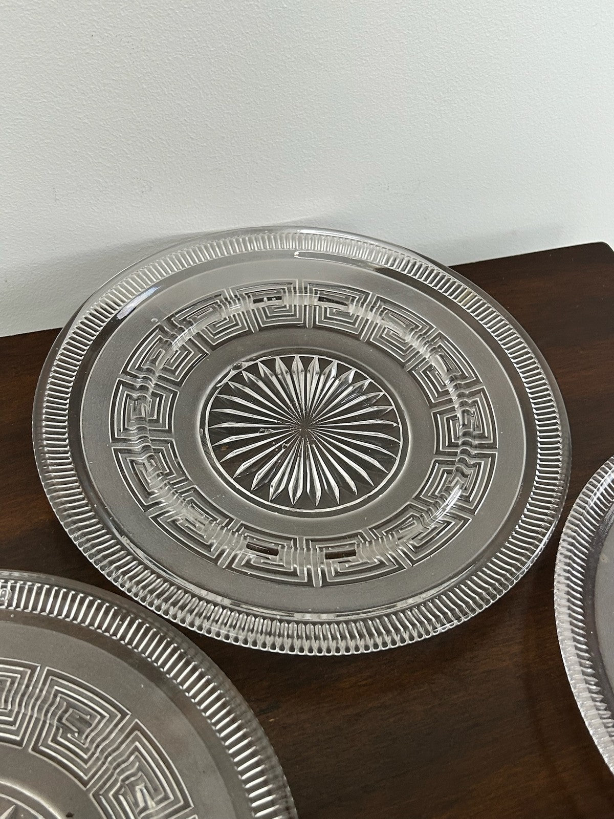Set of 3 Cut Glass Star Burst Plates Greek Key Border Vintage 22cm2