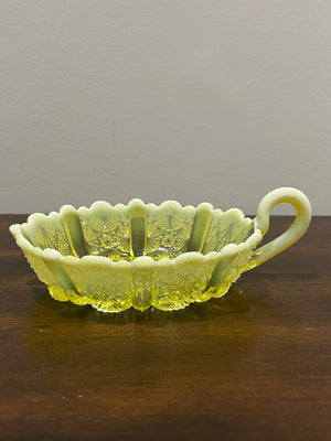 Davidson Primrose Pearline Uranium Glass Handled Dish Lady Chippendale c.1895