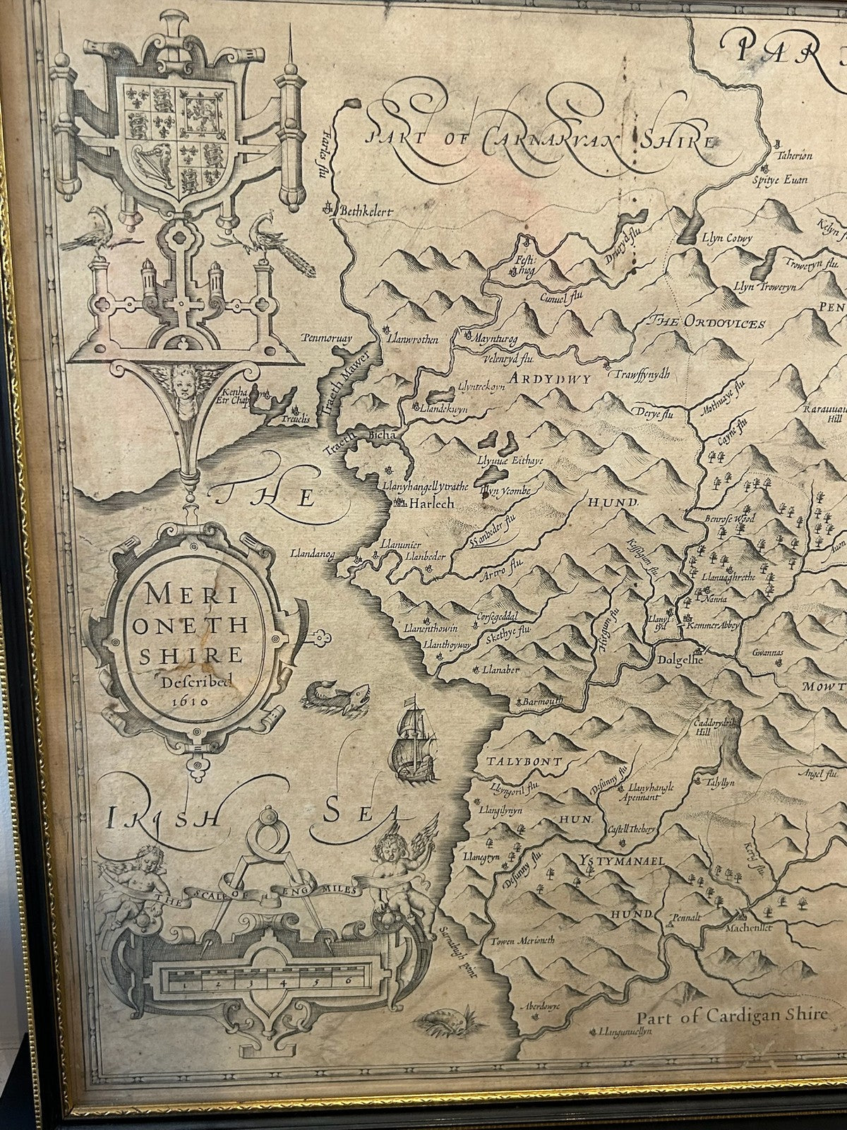 John Speed Merionethshire Antique Map 1676 Bassett & Chiswell Edition Framed1