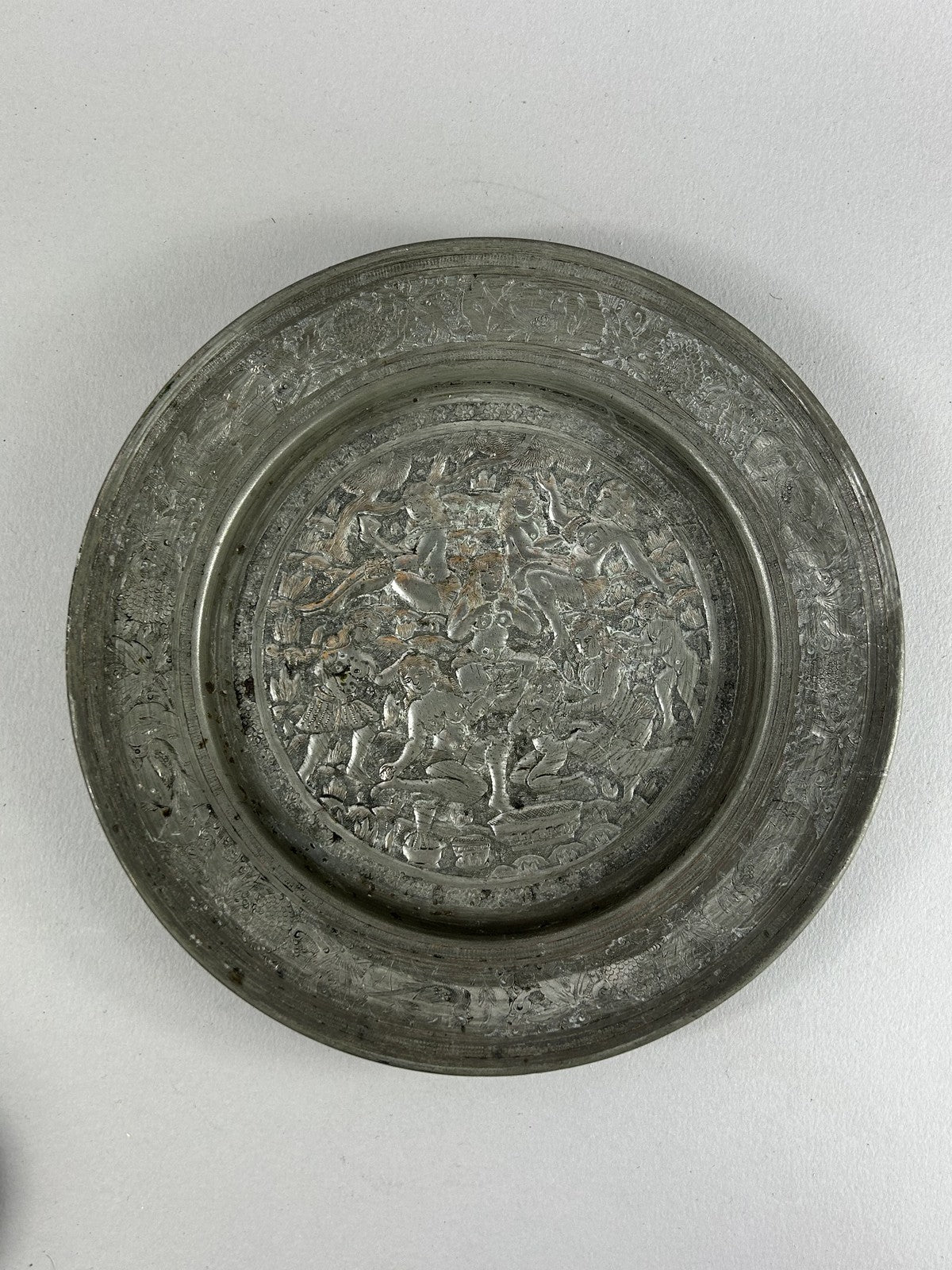 Antique Persian Silvered Copper Erotic Nude Figures Dish 23cm