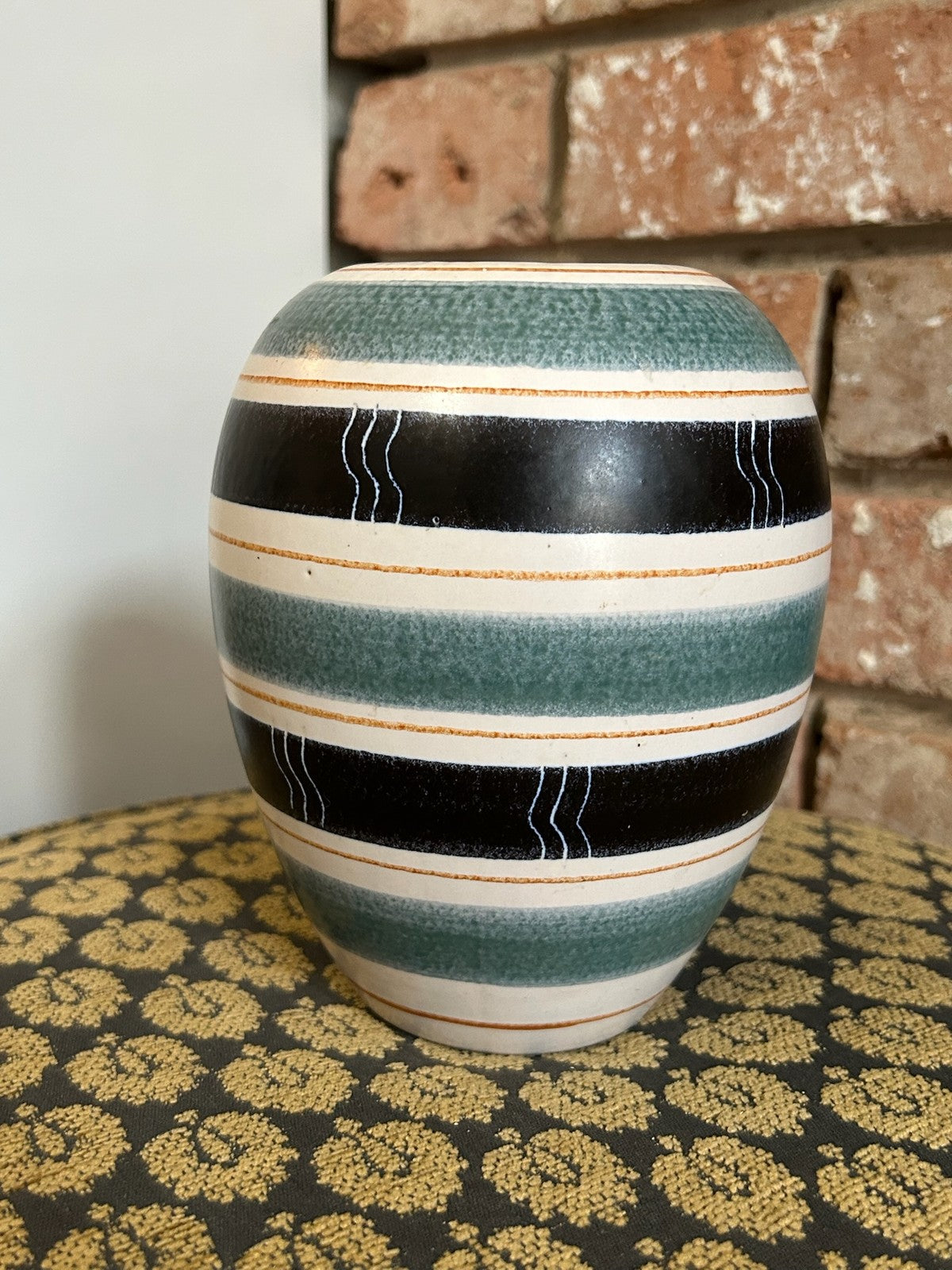 Vintage Pottery Vase Blue Black White Stripes Bands Retro Mid Century 31172