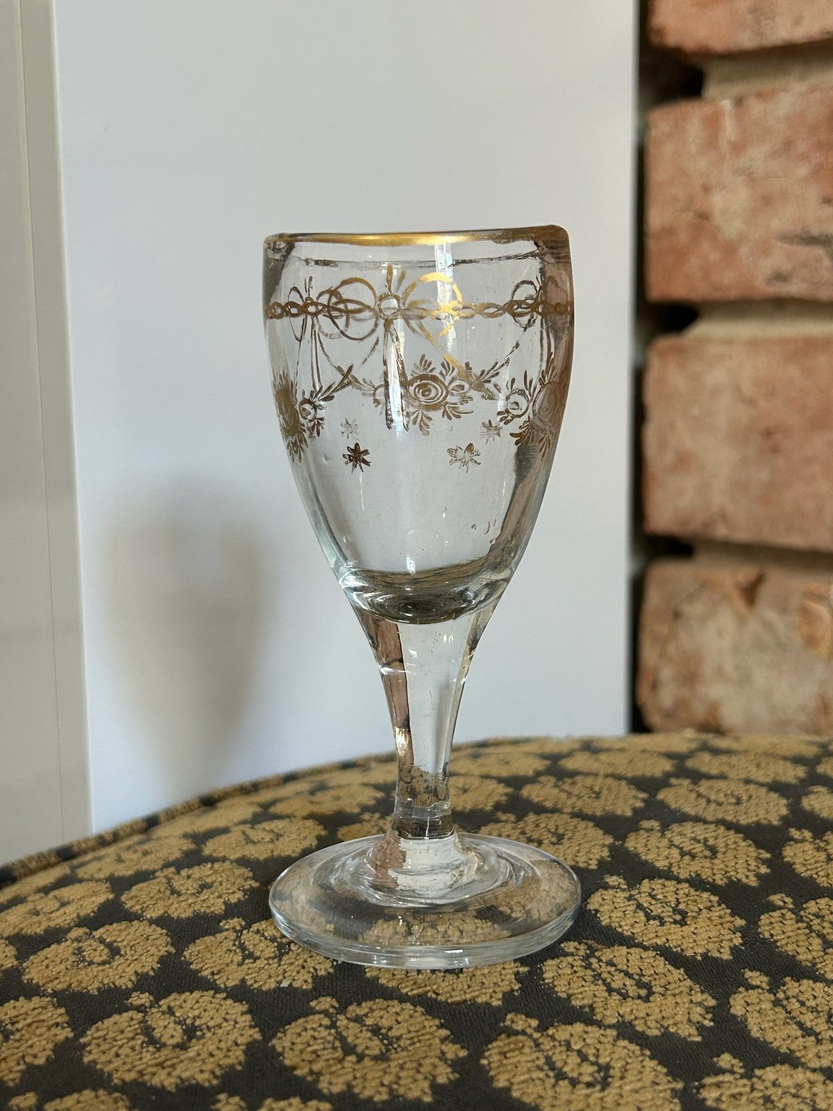 Antique Hand Blown Wine Glass Gilt Ribbon Bow Swags Rose Sprays Pontil Gilt Rim0