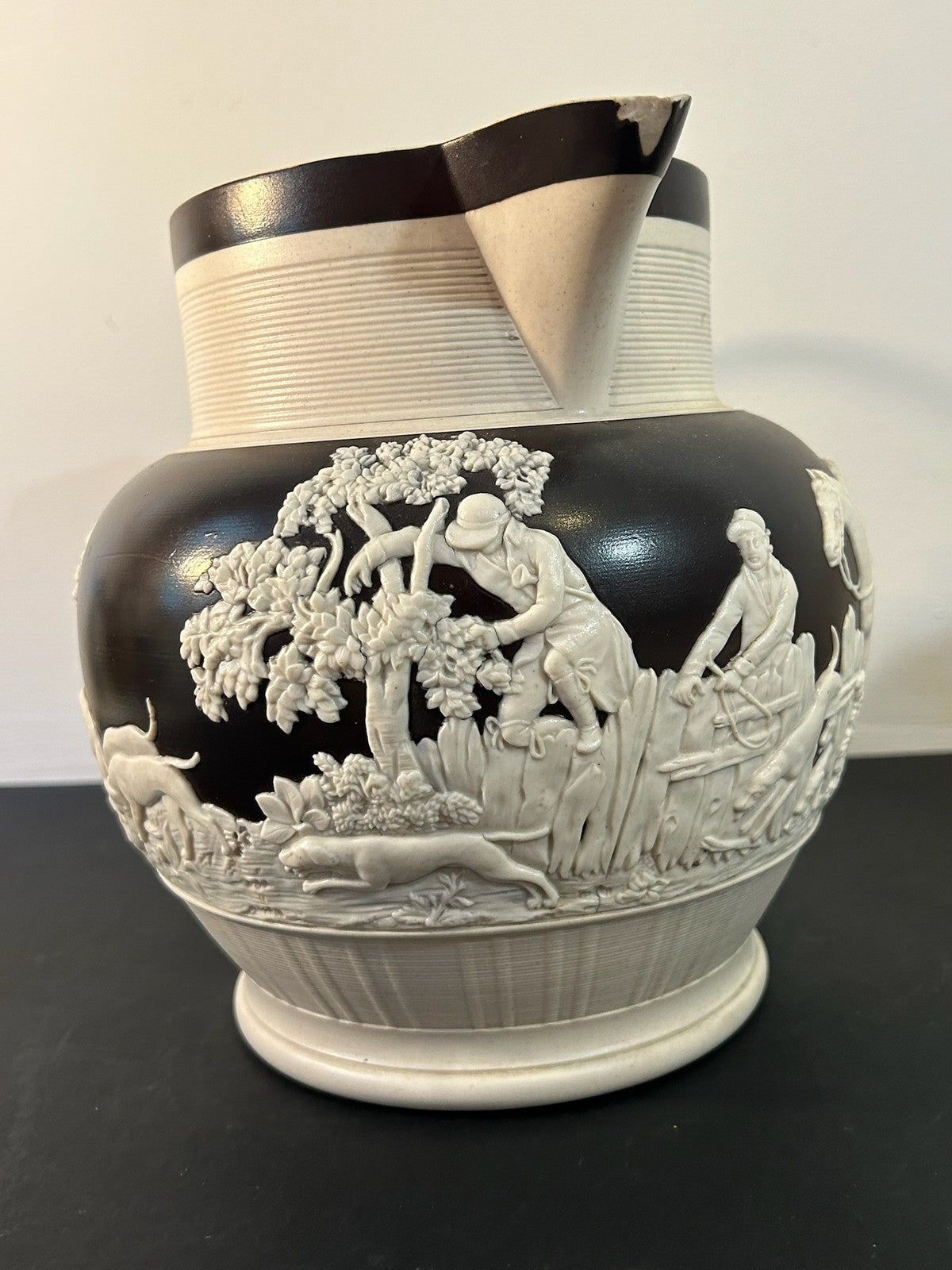 Antique Dipped Stoneware Jug White Sprigged Trees Figures Chocolate Ground3
