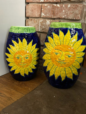 Pair Italian Hand Painted Ceramic Vases Sun Face Sunflower Cobalt Blue Signed