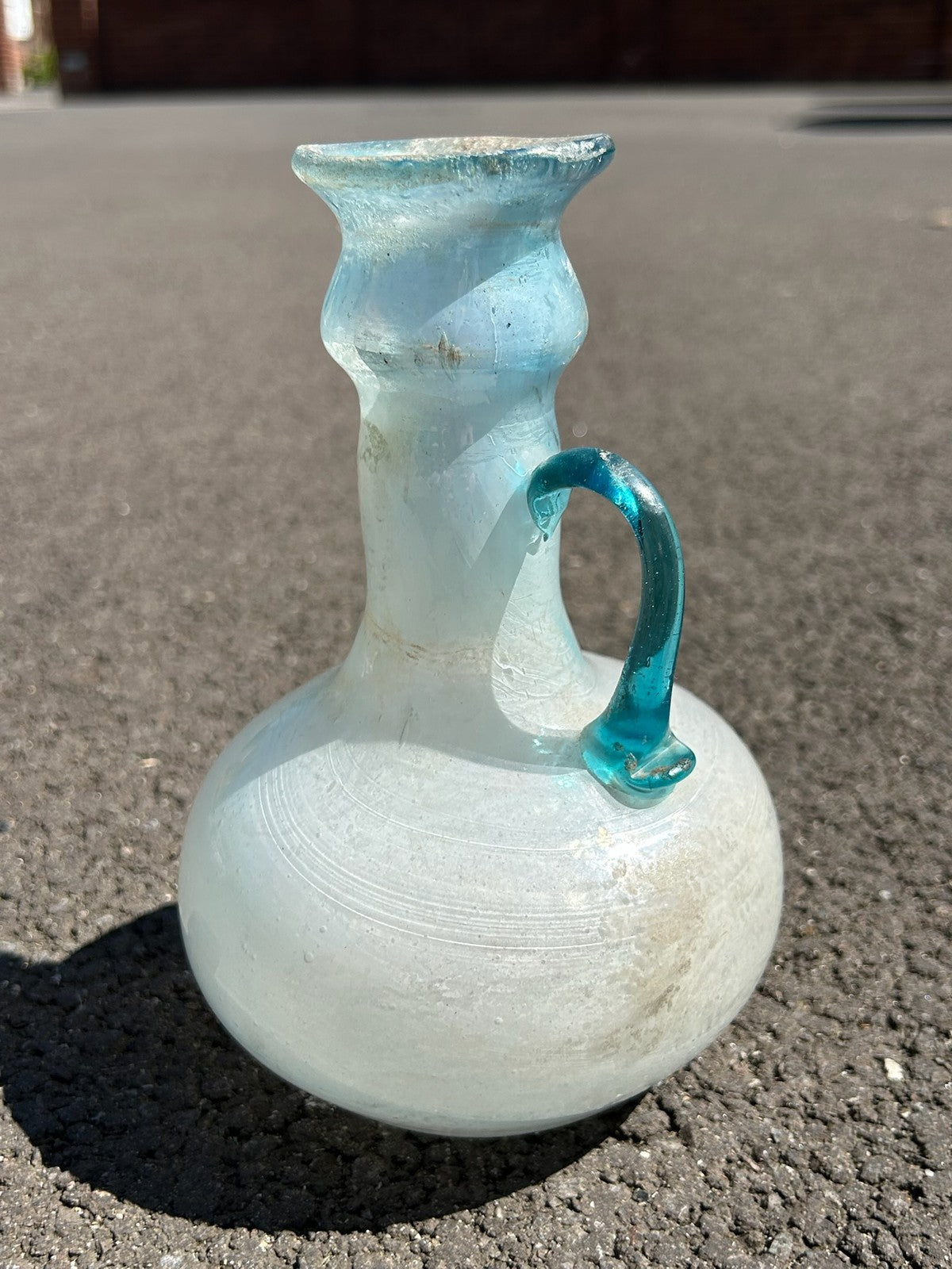 Vintage Iridescent Glass Ewer Pale Blue Roman Style Turquoise Handle Art Glass4
