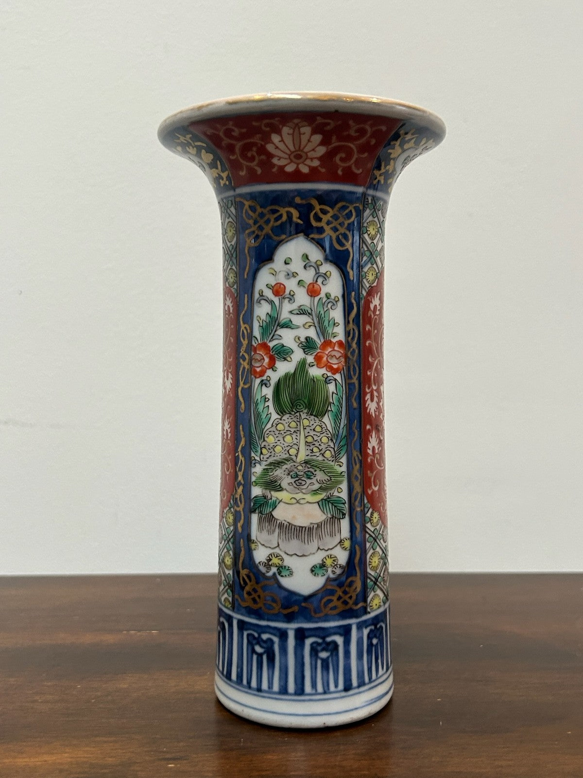 Antique Japanese Arita Imari Sleeve Vase Blue Iron Red Gilt Panels1