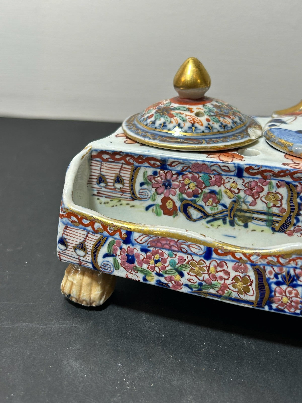 Antique Masons Patent Ironstone Imari Inkstand Desk Stand Paw Feet c1820 A/F1