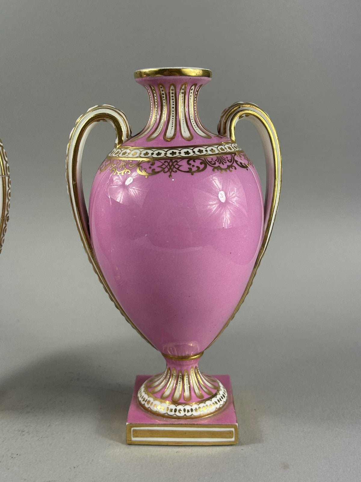 Antique Pair Pink Ground Gilt Porcelain Urn Vases, 18cm