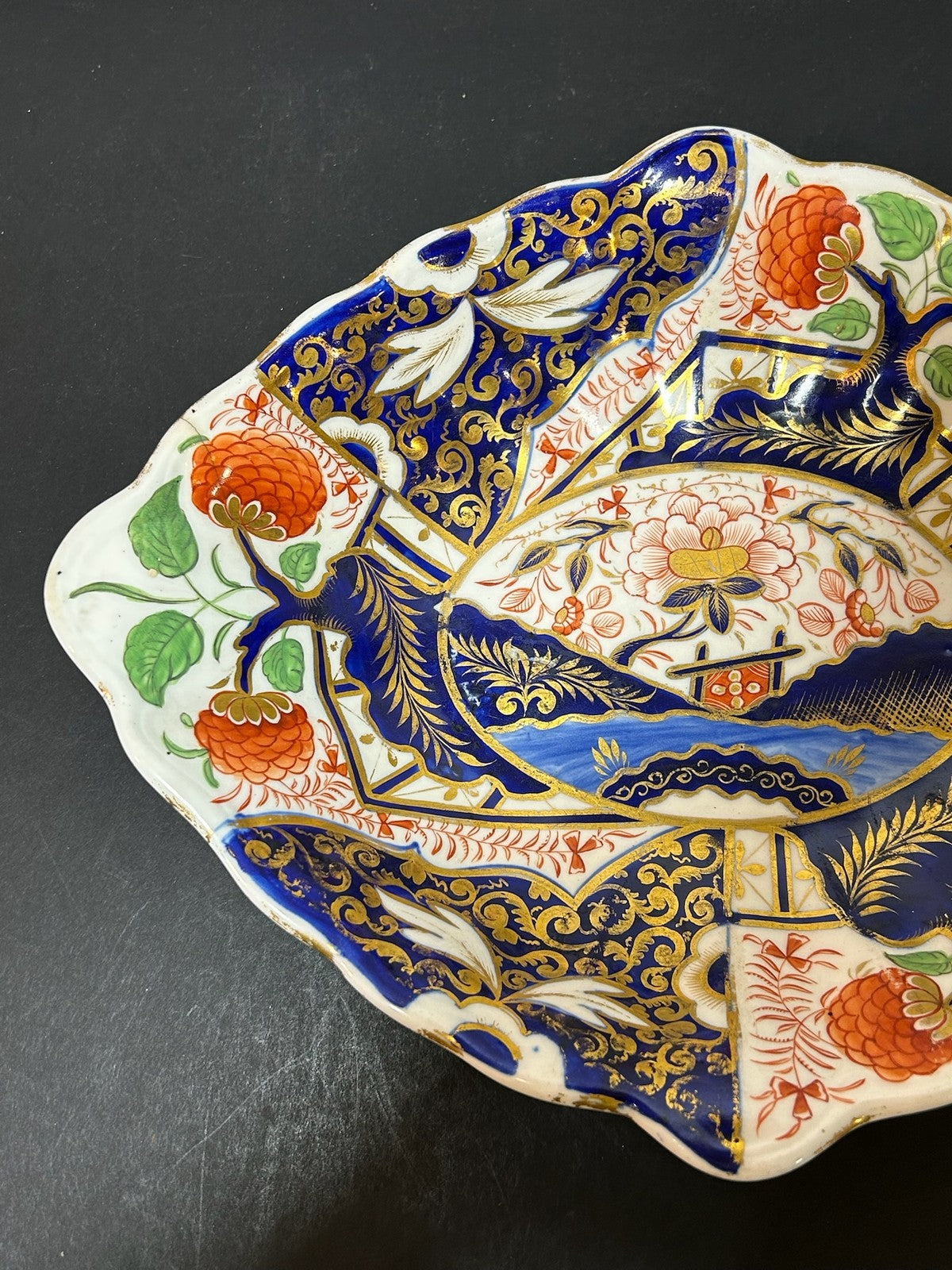 Antique Derby Porcelain Imari Lozenge Dish Pagoda Chinoiserie Red Mark 31cm1