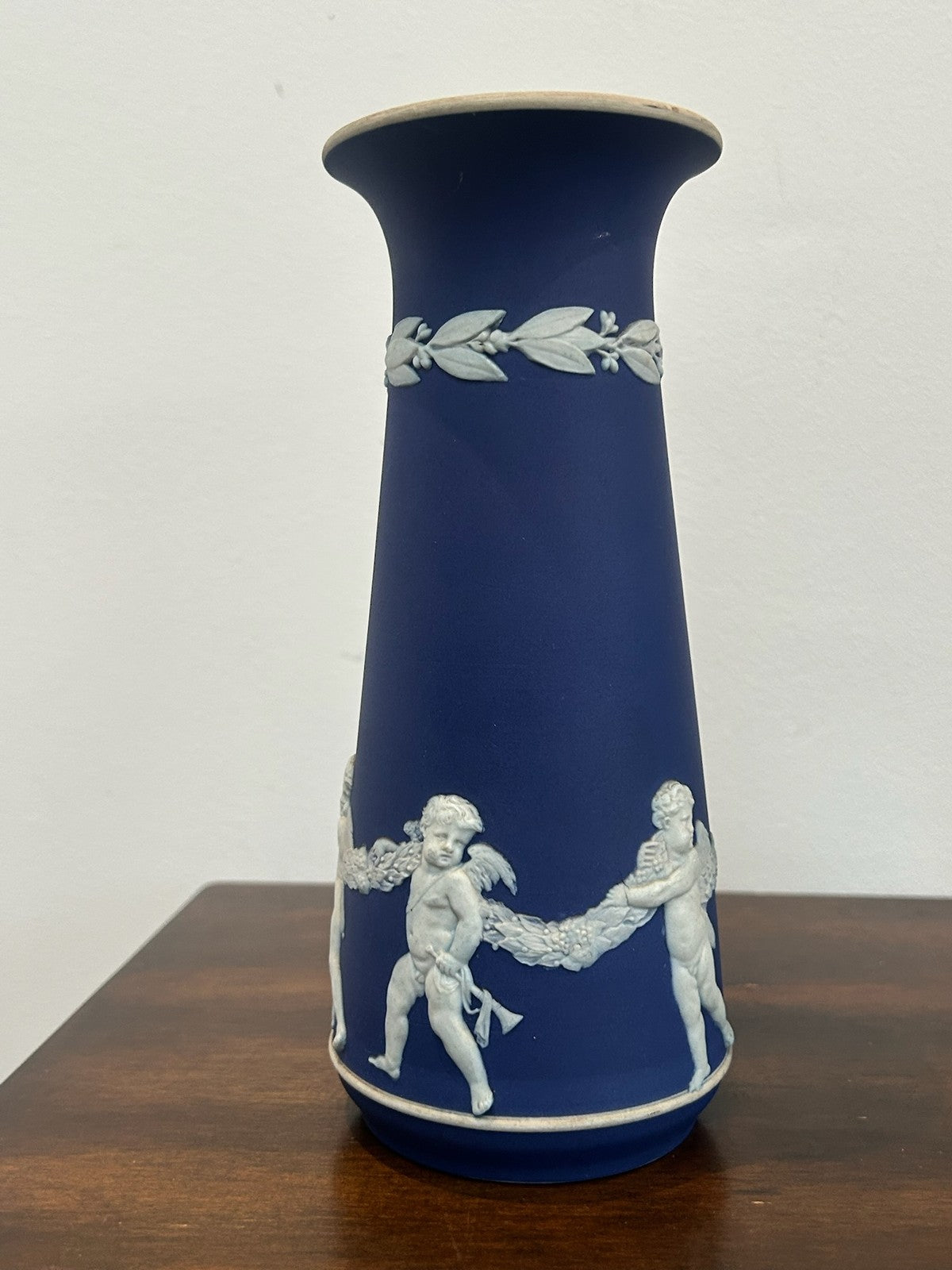 Pair Antique Wedgwood Portland Blue Jasperware Vases Cherubs Cupids (One A/F)2