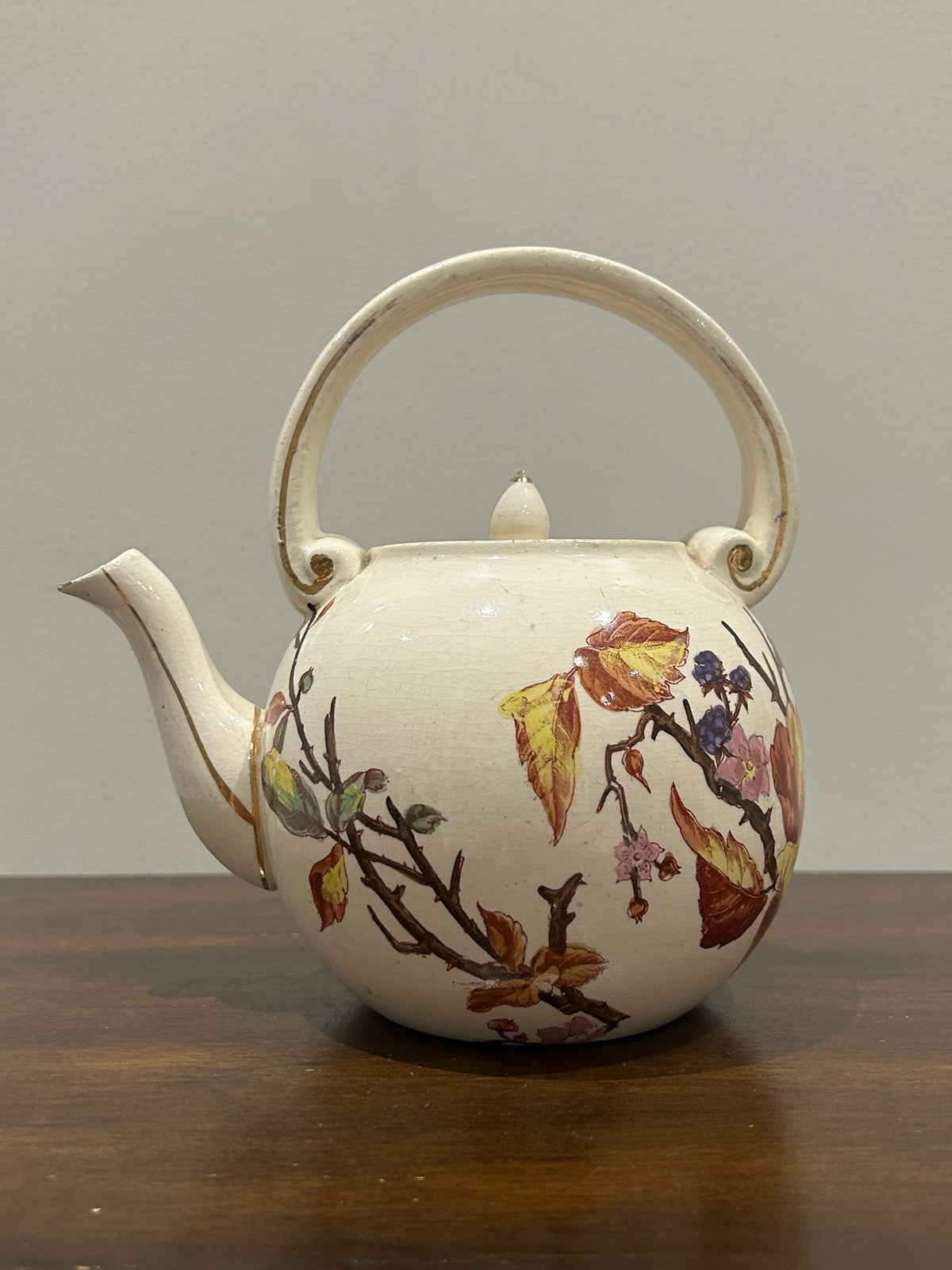 Victorian Aesthetic Movement Teapot Hand Painted Autumn Leaves Berries2