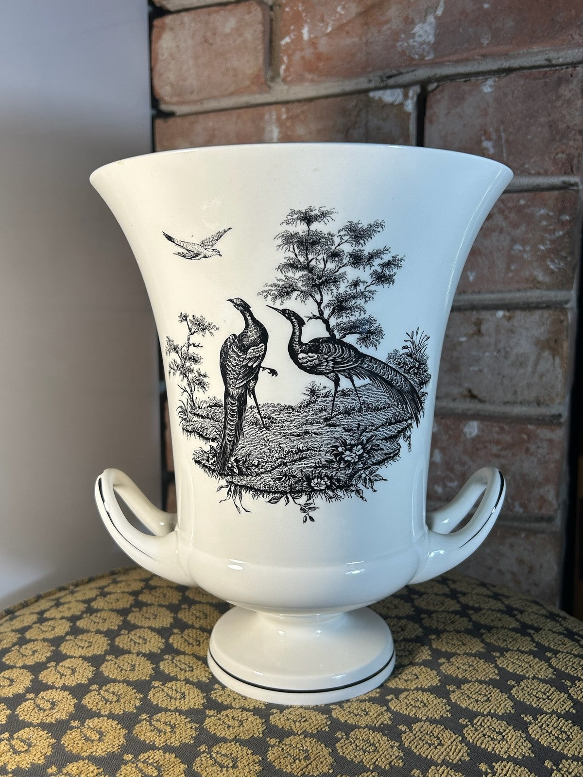 Wedgwood Queensware Campana Vase Black Printed Birds Peacock Twin Handles3
