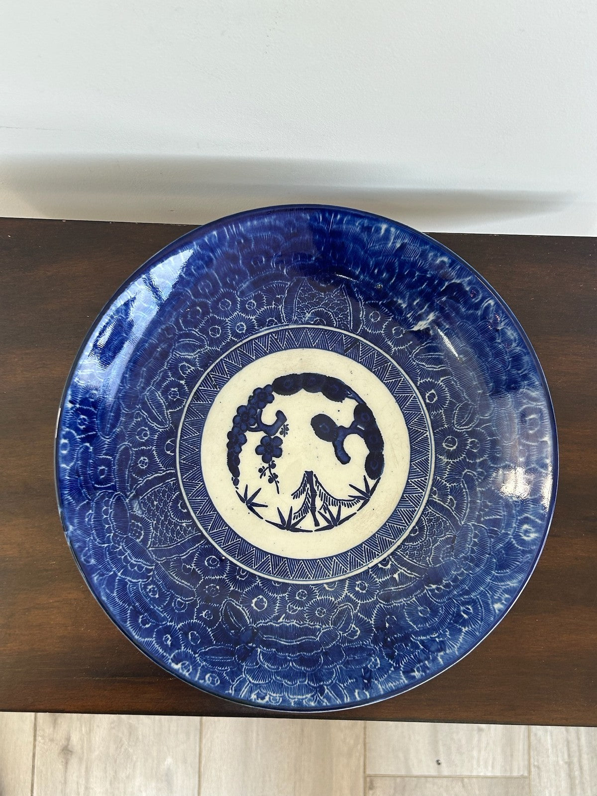 Japanese Blue & White Transfer Plate Central Figure Roundel 29cm0