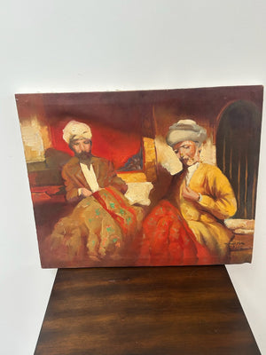 Orientalist Oil Painting Figures in Interior Court Scene Signed