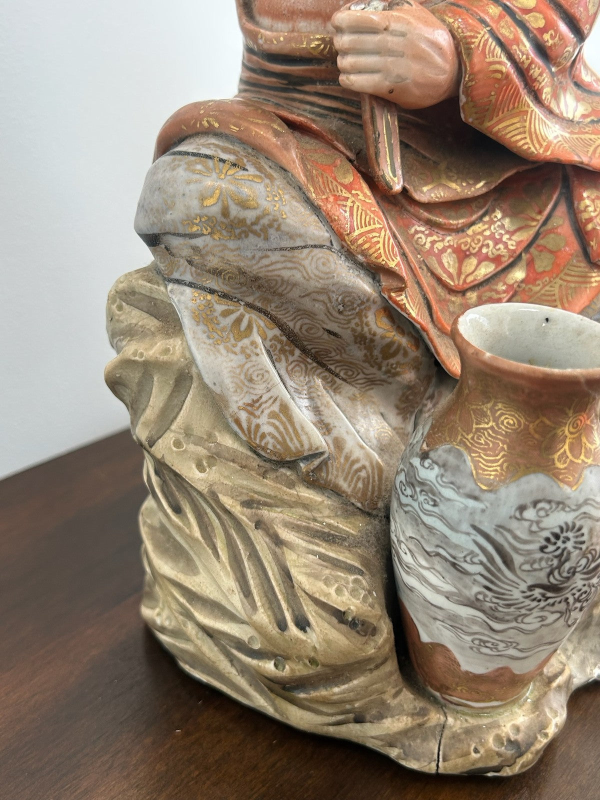 Antique Japanese Meiji Polychrome Pottery Figure of a Luohan / Monk & Vase7