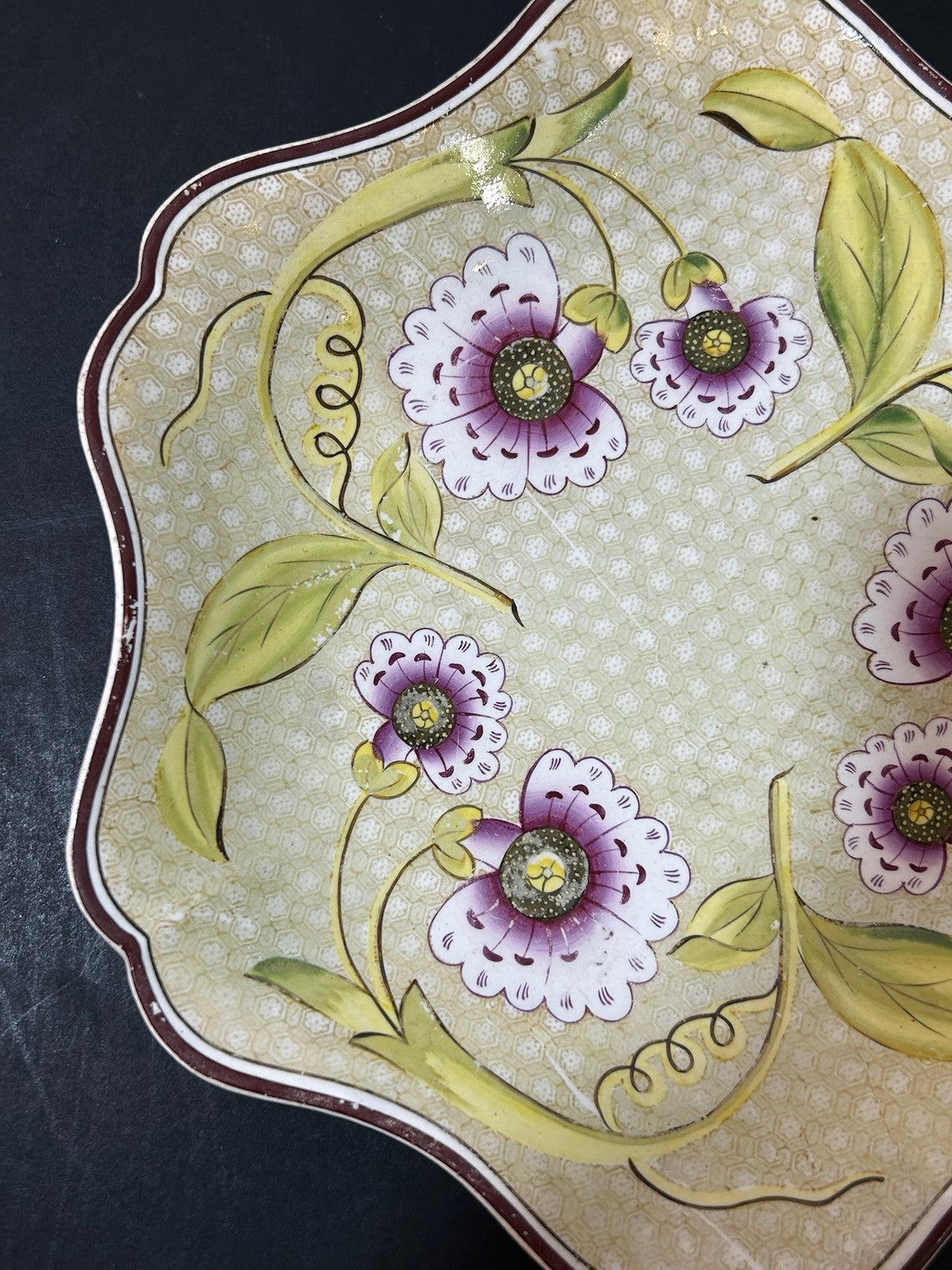 Antique Wedgwood Pearlware Yellow Ground Passion Flower Dish Impressed 21cm1