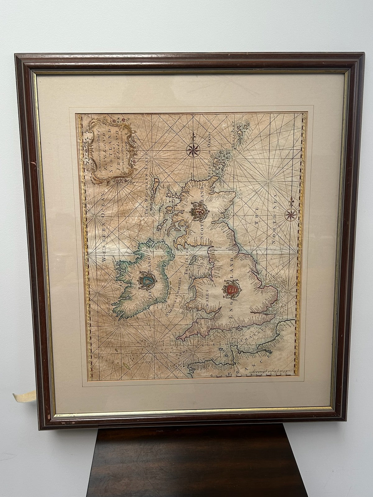 Antique Engraved Sea Chart England Scotland & Ireland Hand Coloured Framed Map1