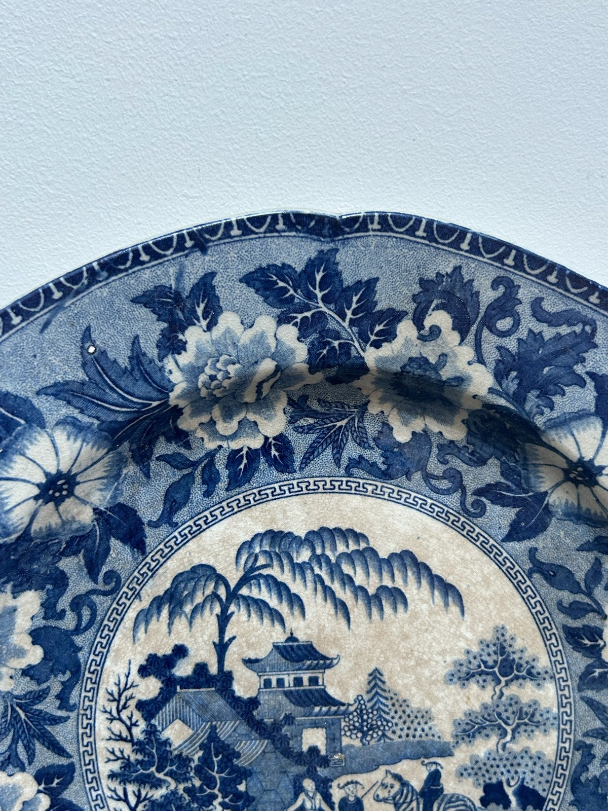 Antique Staffordshire Blue White Transferware Plate c1825 Floral Border Scene5