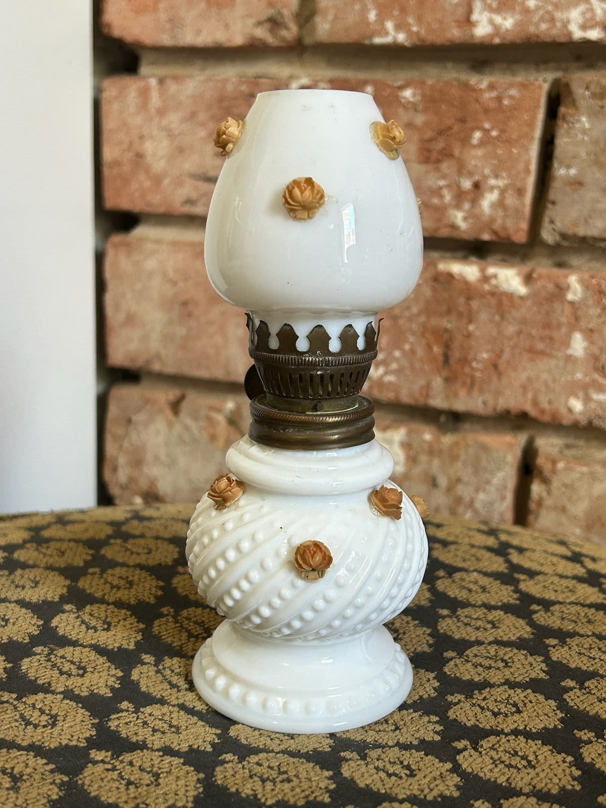 Vintage Milk Glass Miniature Oil Lamp Hobnail Applied Amber Roses Brass Burner1