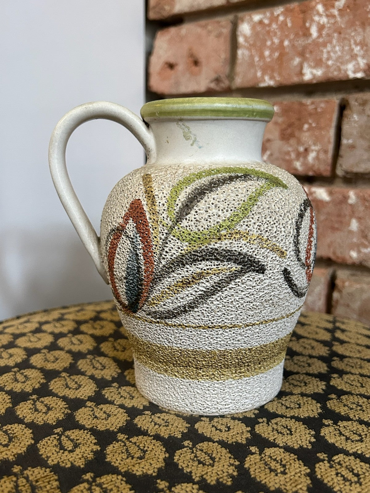 Vintage West German Style Pottery Jug Painted Stylised Flowers Textured Retro2